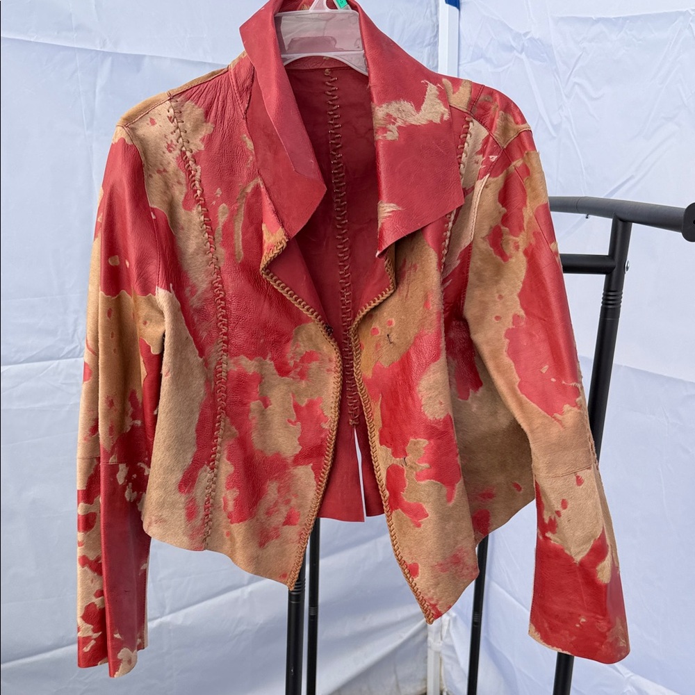 Stylish  RARE Red and Tan leather and real animal hair handmade